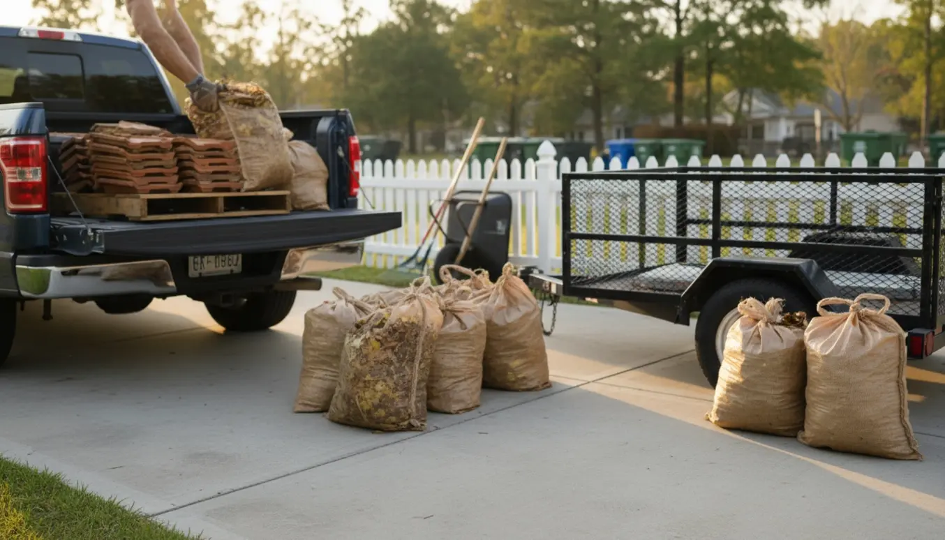 Varebil med stablede tagsten og bundne haveaffaldsposer klar til aflevering på genbrugsplads.