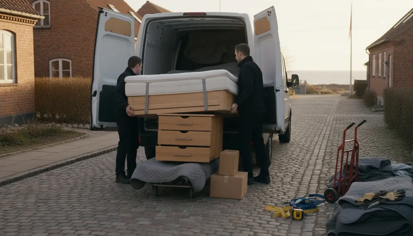 Varevogn bliver lastet med en 160x200 seng, tre skuffer og nogle kasser ved en indkørsel.