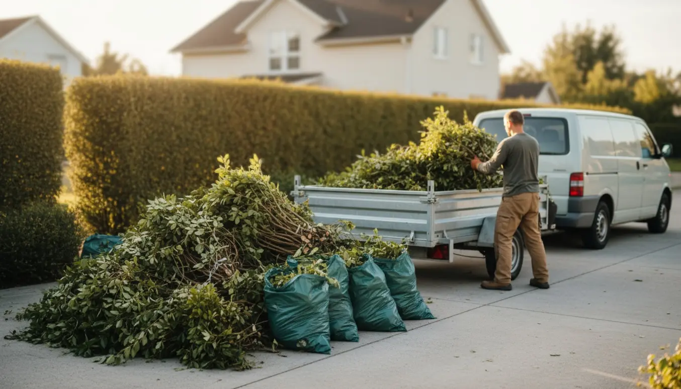 En arbejder læsser hækafklip og grønne affaldssække i en åben trailer ved en privat hæk.