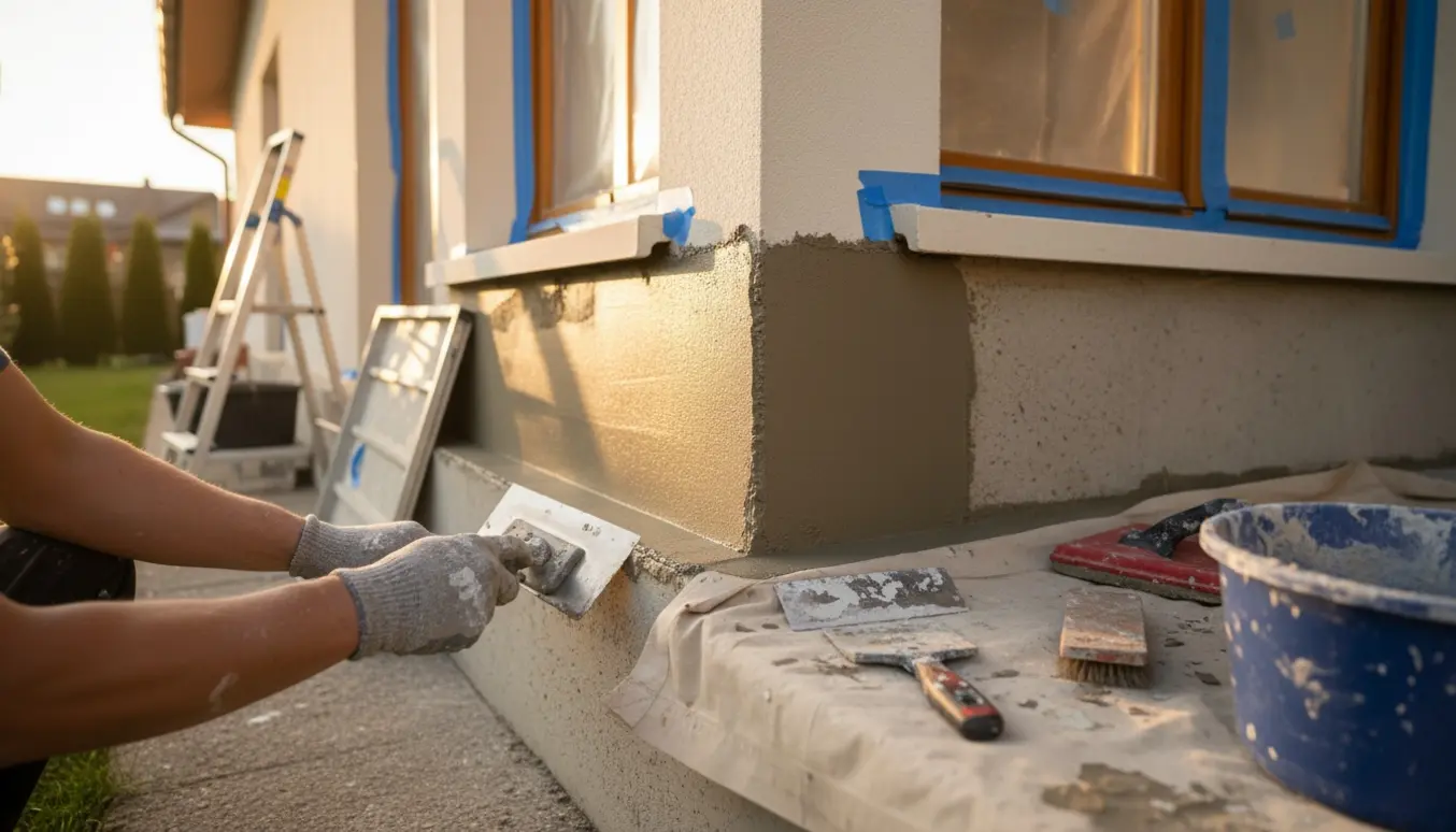 Nærbillede af pudsning af vestvendt villas sokkel med frisk puds, værktøj og fjernet gammel maling.