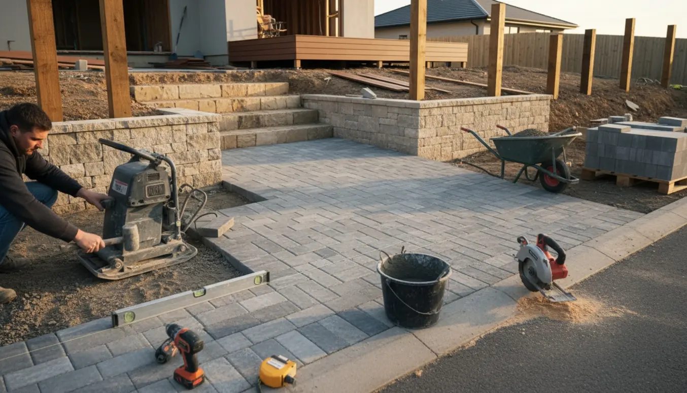 Indkørsel i opbygning med fliser, støttemur, trapper, hegnsstolper og en træterrasse under anlæggelse.