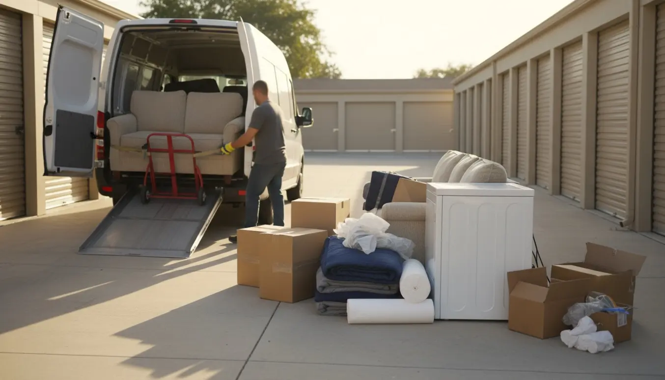 Personer set bagfra laster en sofa, tørretumbler og kasser ind i en åben flyttevogn ved et opbevaringsanlæg.