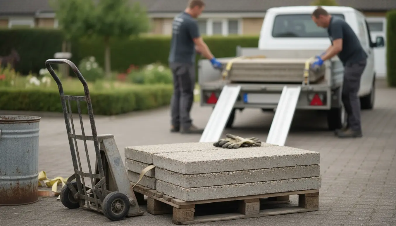 Tunge betonfliser læsses med sækkevogn på en trailer ved en indkørsel, med en metalskraldespand ved siden af.