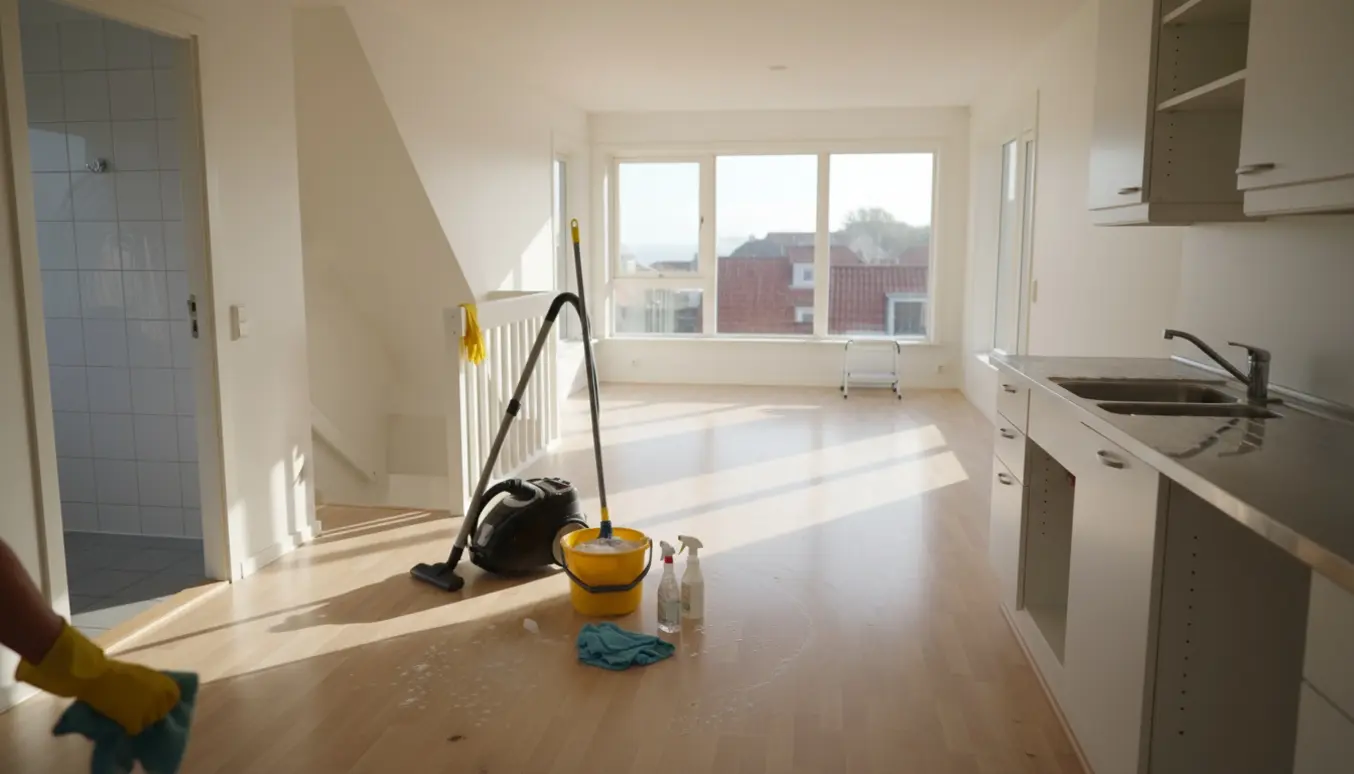 Soloplyst tom lejlighed på 2. sal under fraflytningsrengøring med moppe, støvsuger og rengøringsudstyr.