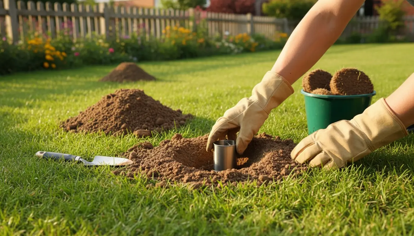 Nærbillede af handsker, der placerer en human muldvarpefælde i en græsplæne med friske muldvarpeskud.