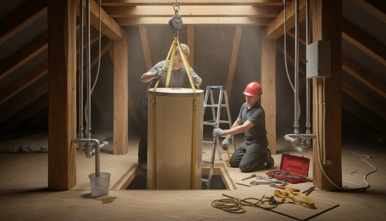 En elvandvarmer sænkes gennem et åbent loftshul af to personer med stige og løftestropper, ansigter ikke synlige.