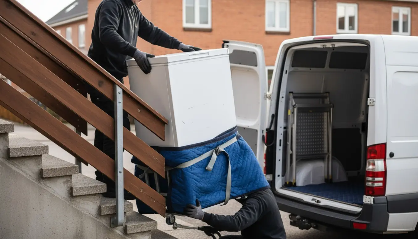 To personer med sækkevogn flytter en kummefryser ned ad en udendørs trappe mod en åben varevogn.
