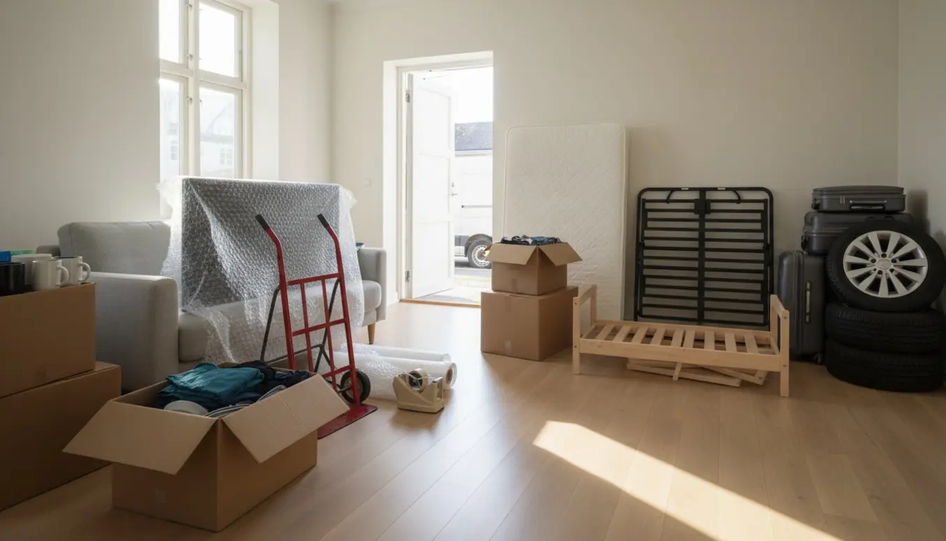 Flytning i en stue med pakkede kasser, tv, senge, kufferter og stabler af dæk.