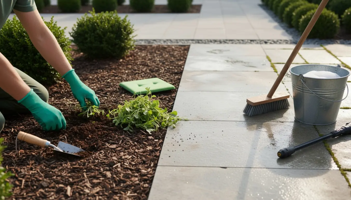 Hænder i havehandsker luger bede og rengør en nyrenoveret terrasse med fliser.