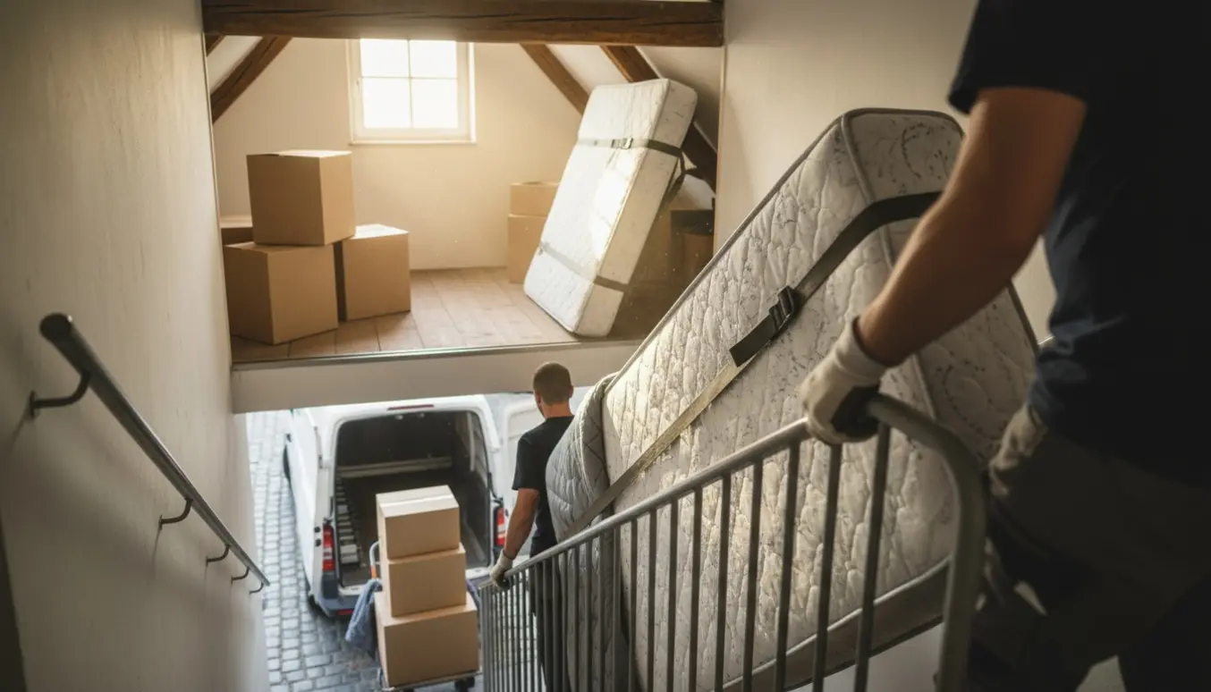 To personer set bagfra bærer en næsten ny 140x200 cm seng og flyttekasser ned ad en smal trappe fra et loftrum mod en åben varevogn.