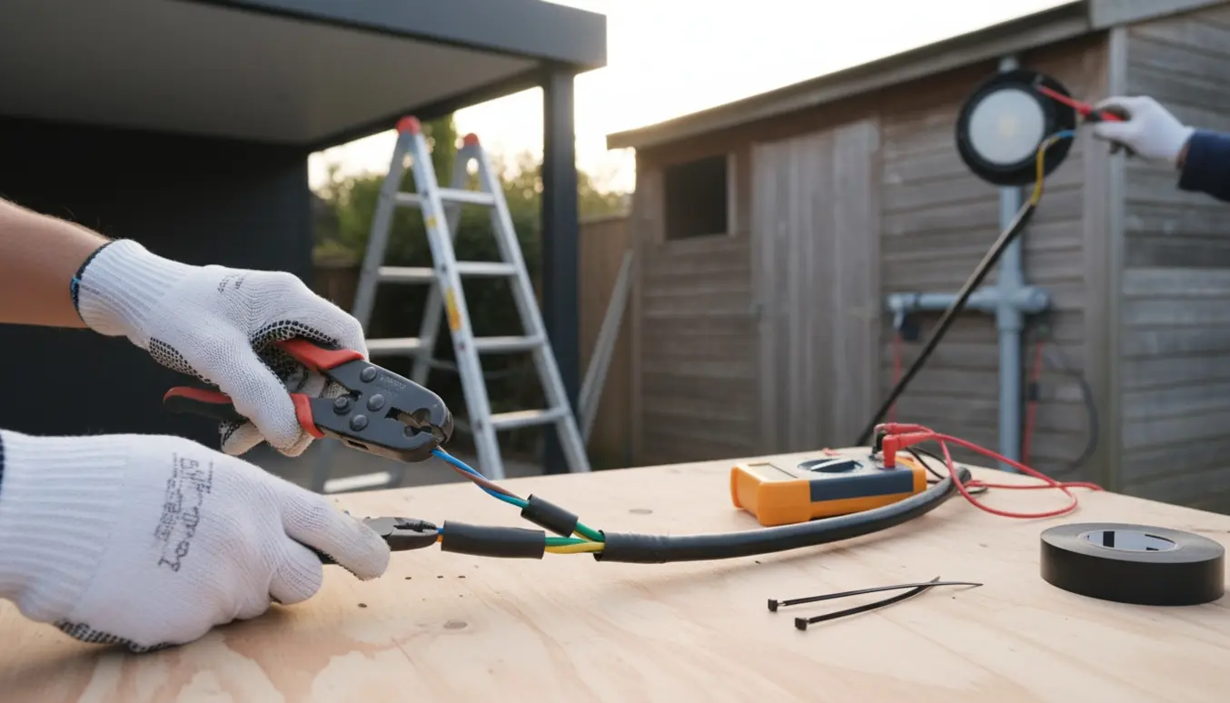 Hænder reparerer afskåret strømkabel til skur og fejlfinder udendørsbelysningen i carporten.