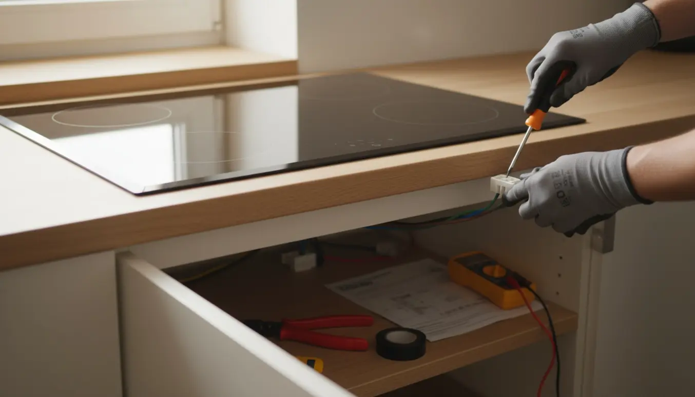 Strøm til en ny induktionskogeplade forbindes under en moderne køkkenbordplade.