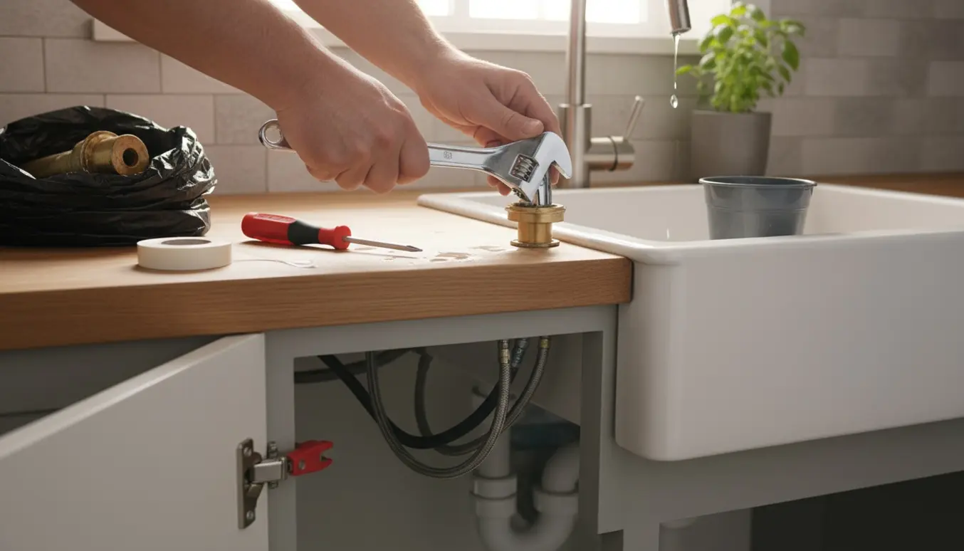 Hænder monterer en ny krom udtræksarmatur ved køkkenvask med værktøj og afspærringsventil synlig.