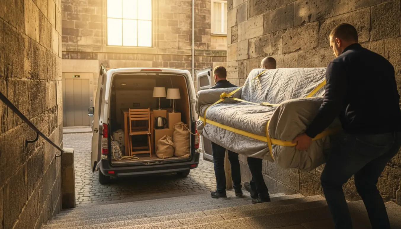Flyttefolk bærer en 3-personers sofa op ad trappen, mens flyttebil og stabler af møbler og sække står i baggrunden.