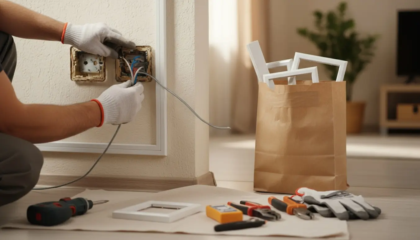 Hænder udskifter en gammel el-ramme og monterer en kabelkanal for at skjule ledninger ved en væg.