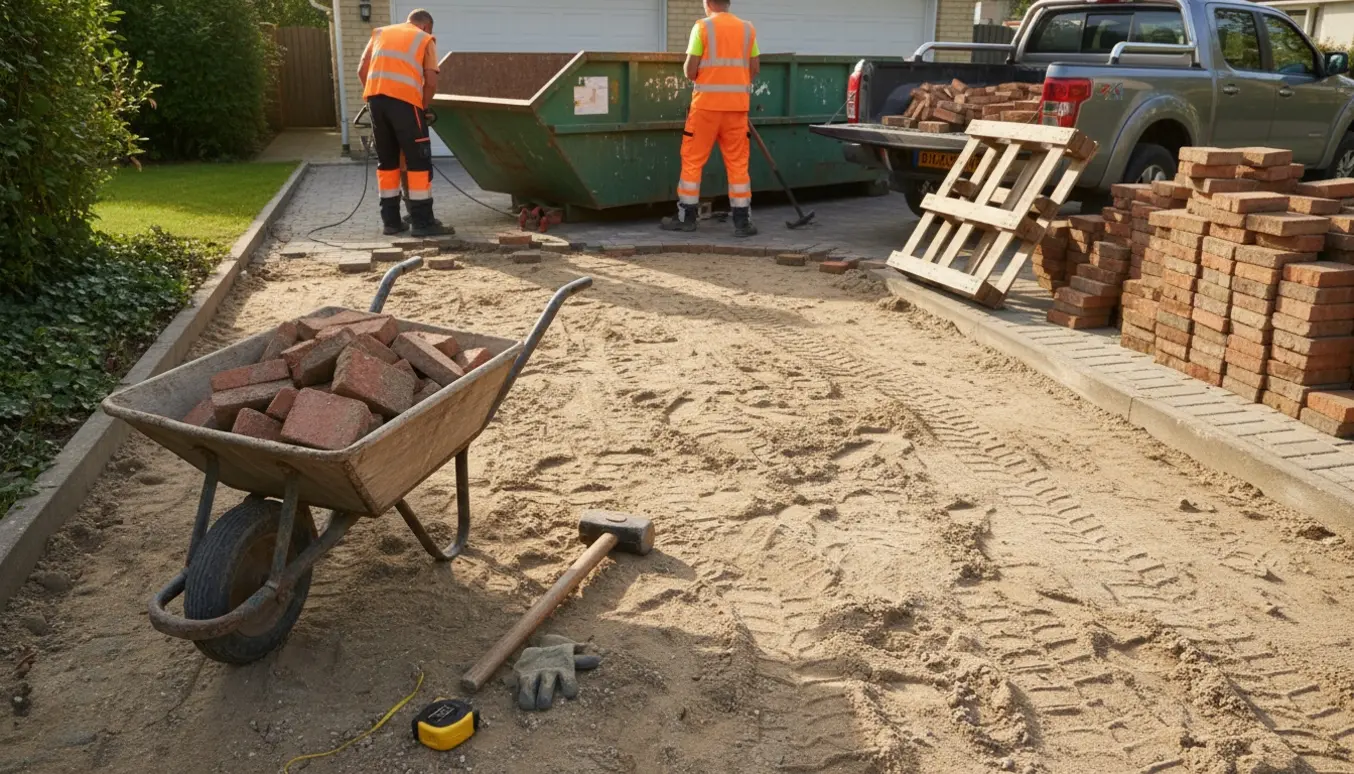 Arbejdere fjerner hollændersten fra en indkørsel med stabler af fliser og en container klar til bortkørsel.