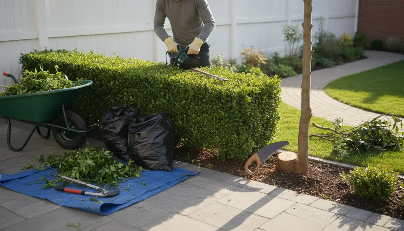 En lille have med nyskåret hæk, et delvist fældet træ og værktøj klar til bortkørsel.