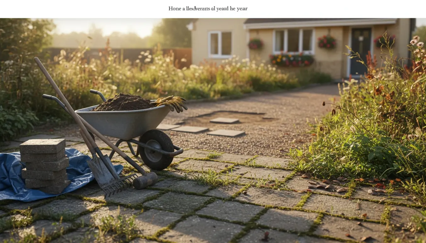 Forhaven og indkørslen viser uplejede fliser, værktøj og en lille flisearbejde-område i blødt morgenlys.