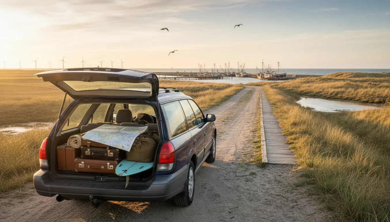Stationcar pakket til tur parkeret ved landevej med udsigt over Hvide Sande havn og sandklitter.