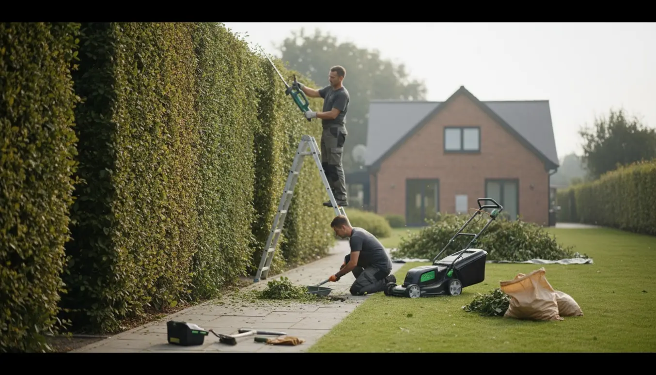 Høj hæk klippes med teleskop-hedtrimmer, ukrudt fjernes mellem fliser, og plæneklipper står klar ved et lille hus.