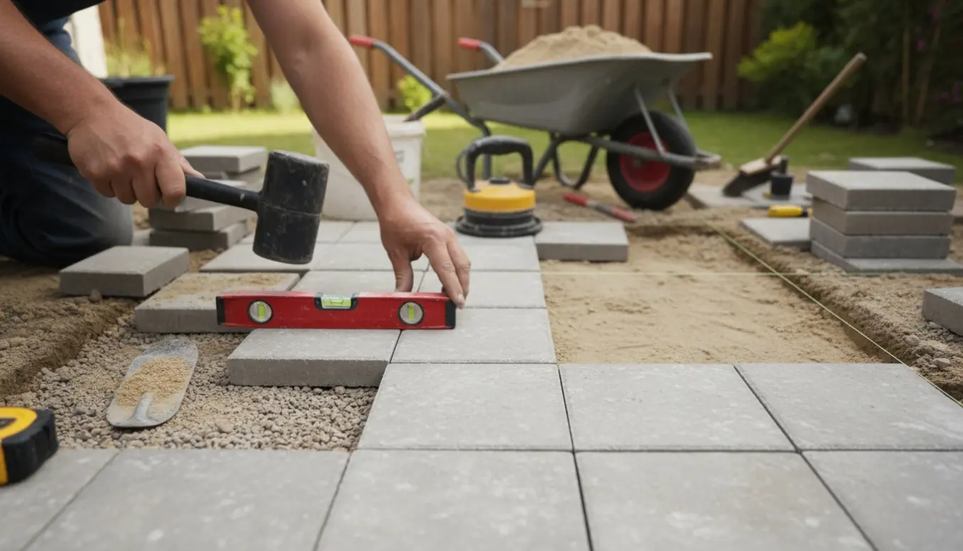 Nærbillede af hænder, der lægger og retter 20x20 cm fliser på sandunderlag i en lille gårdhave med stak af nye fliser og værktøj ved siden af.