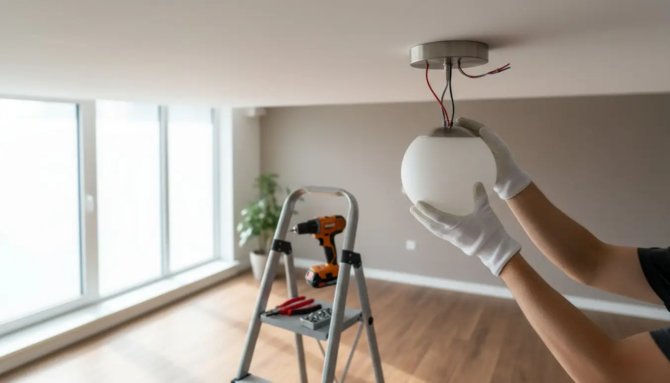 Hænder monterer en glasloftslampe fra en stige med værktøj i blødt dagslys.