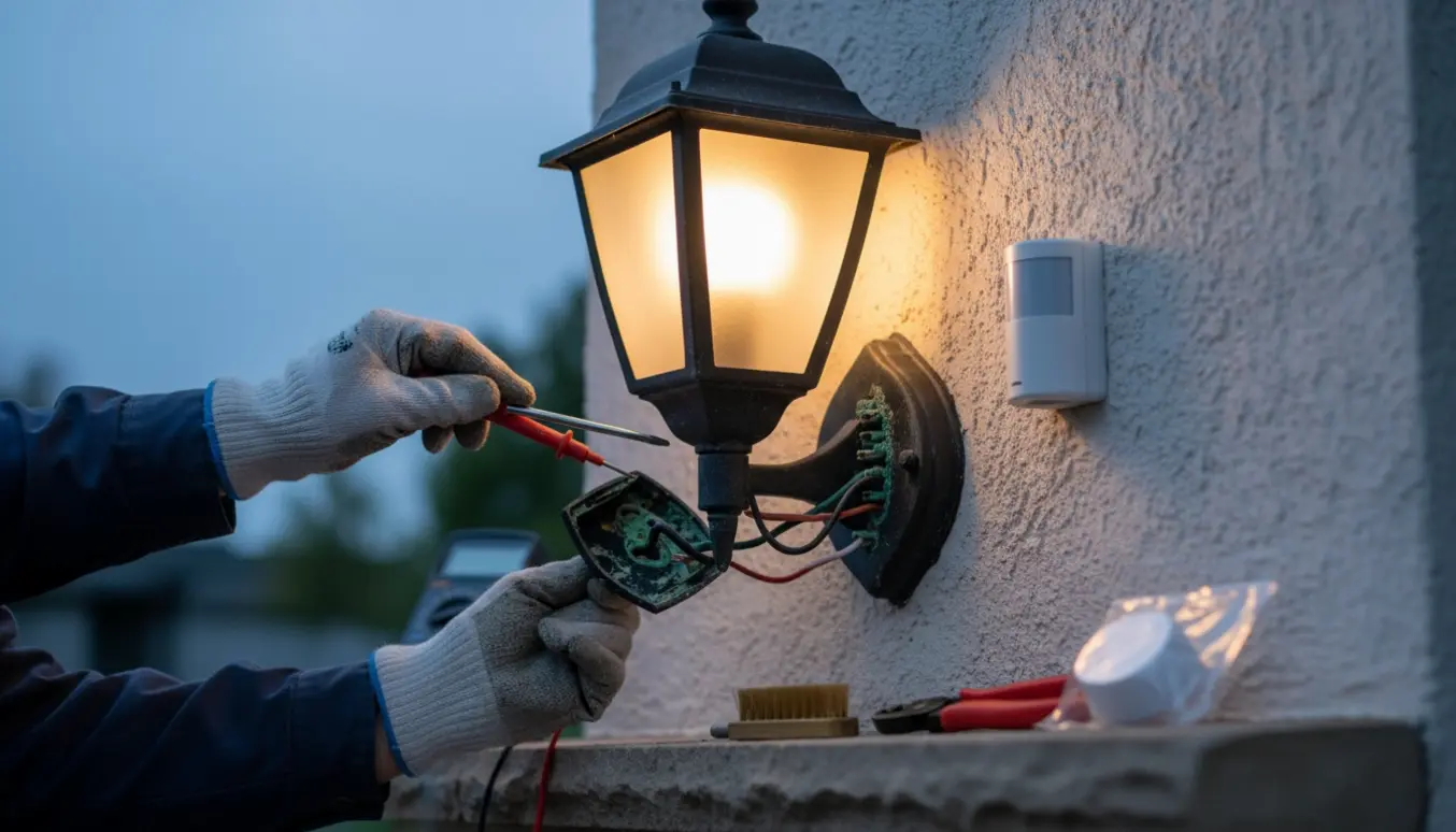 Hænder undersøger en udendørslampe og korroderede ledninger ved en ny lysføler.