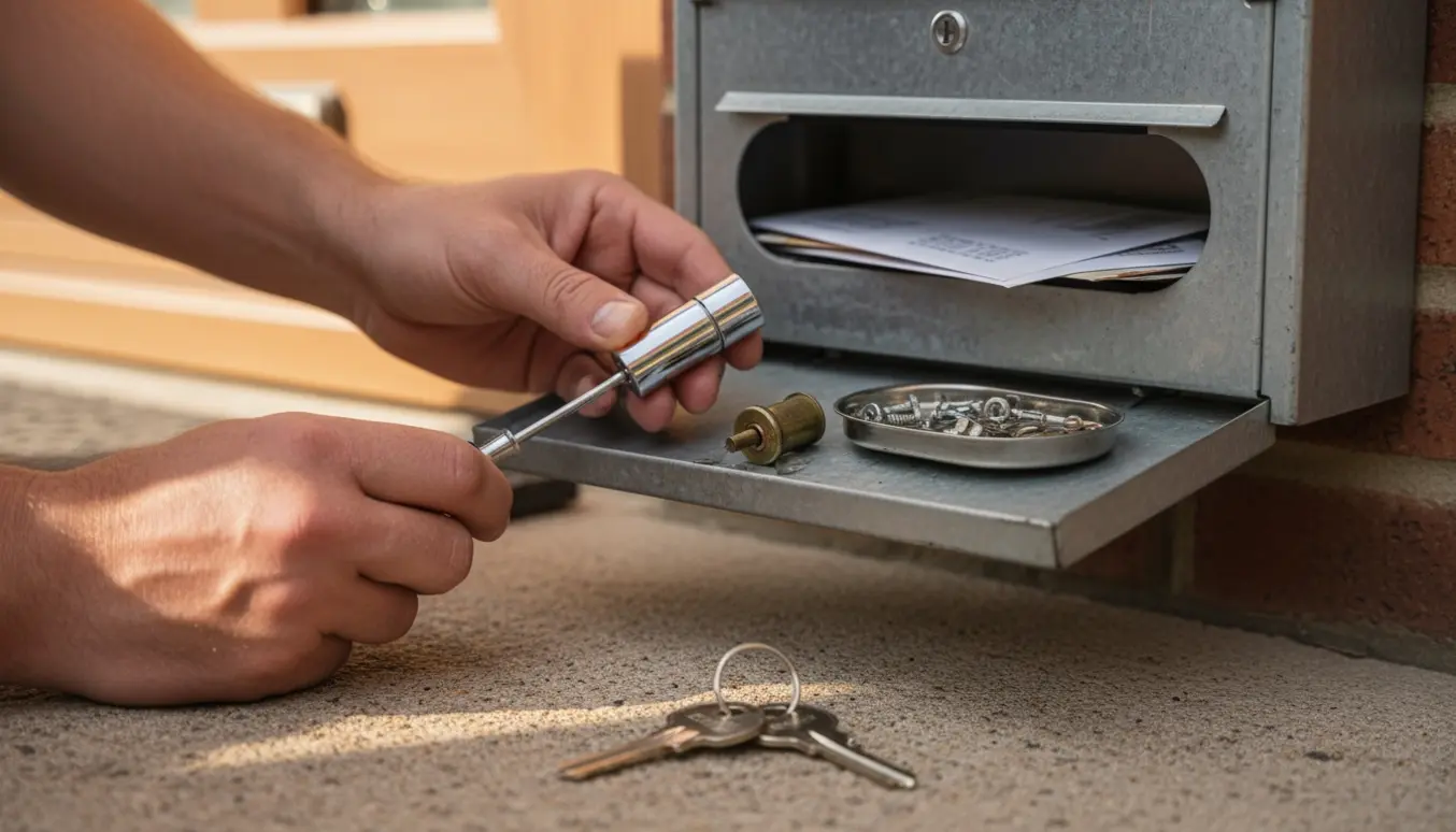 Hænder udskifter en postkasselås med en ny låsecylinder og to nøgler.