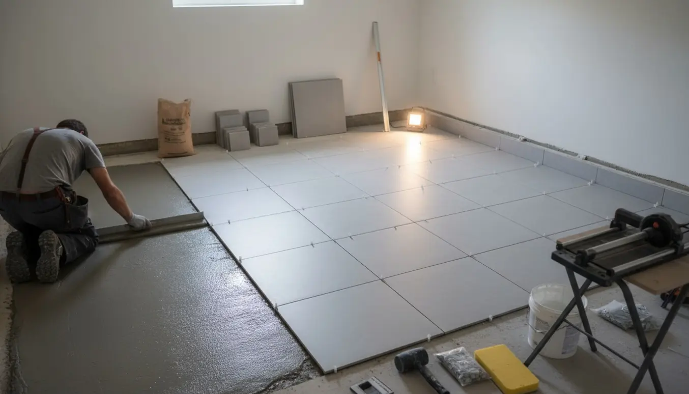 Kælderrum under fliselægning, gulv afrettet og fliser lagt med kantopbygning langs væggen.