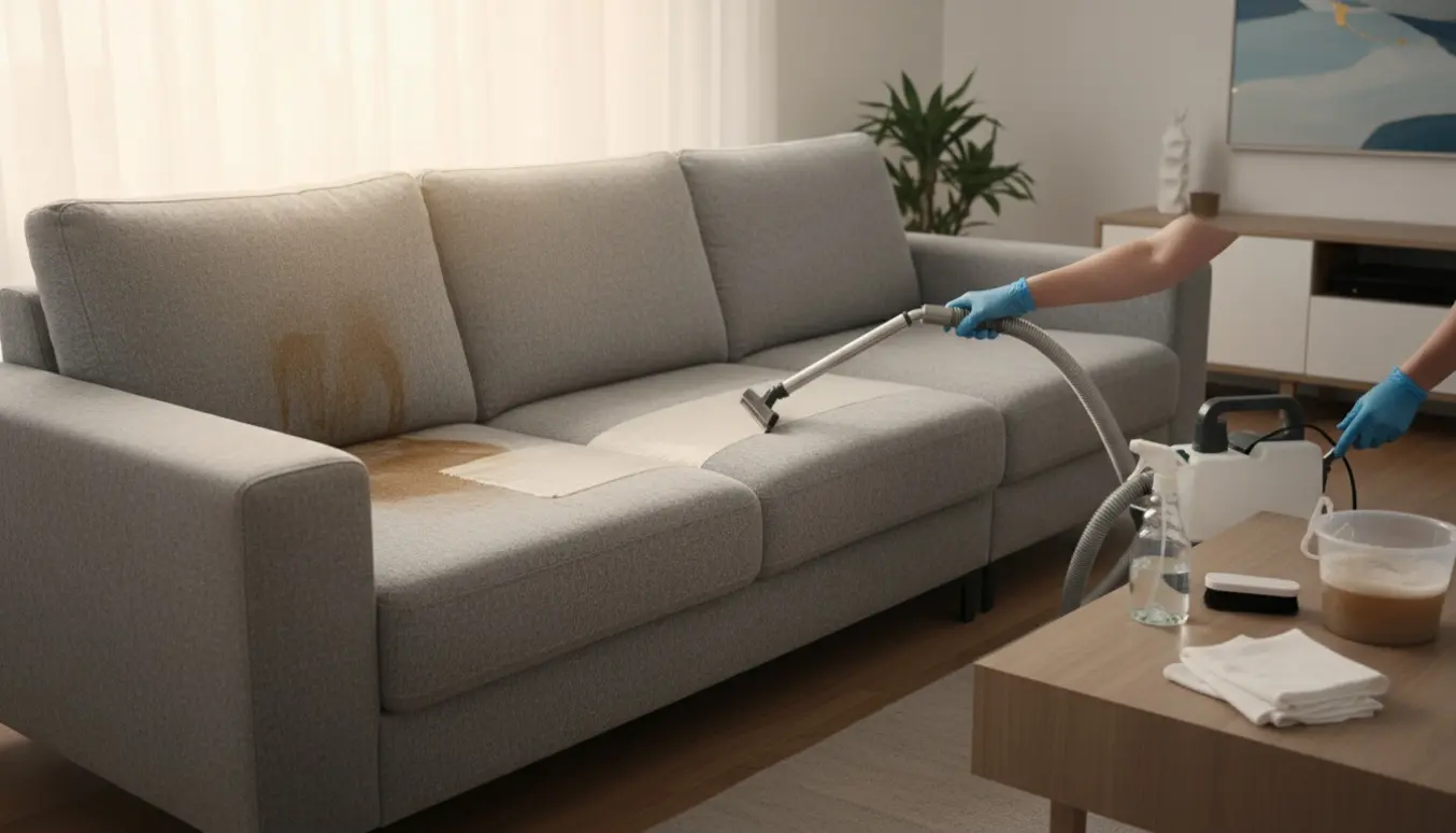 En 4-personers stofsofa med pletter og en nyrenset stribe, omgivet af renseudstyr og handsker.