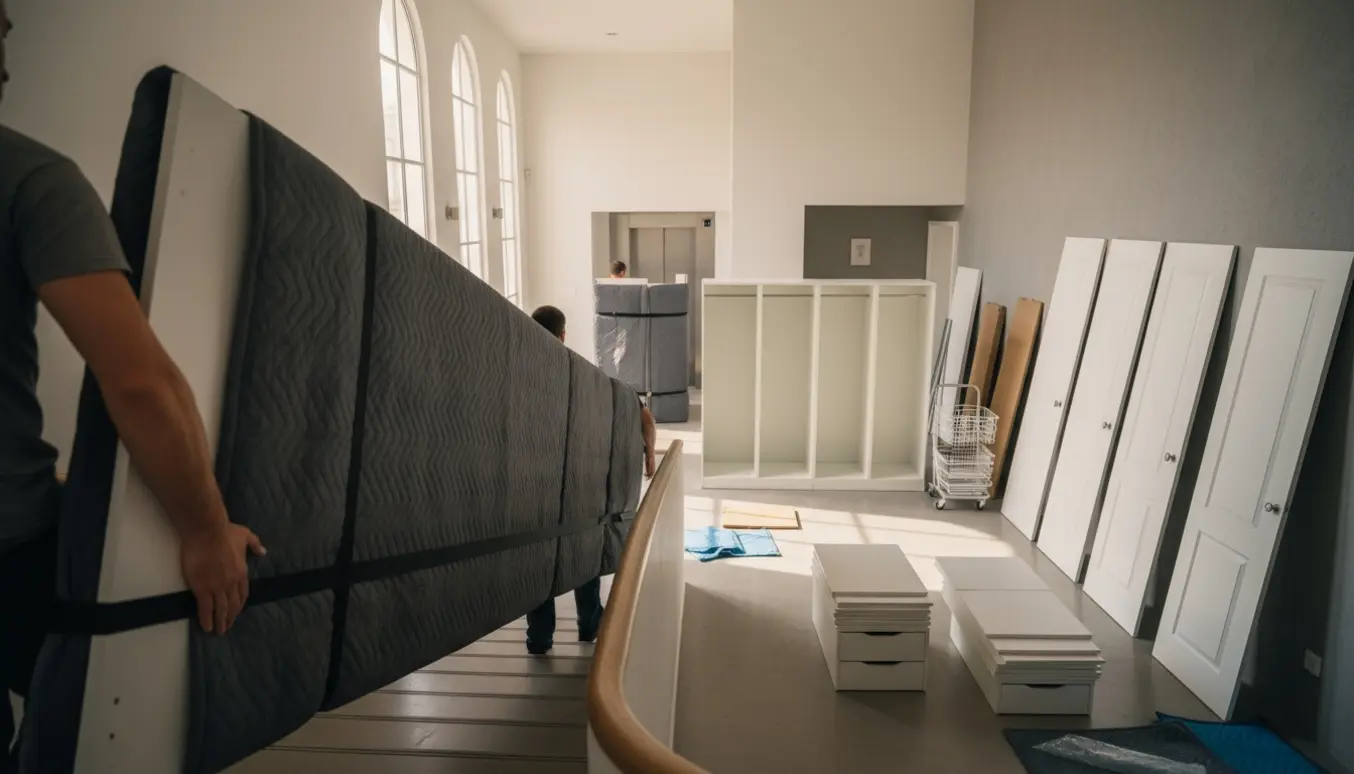 To flyttemænd bærer en lang, adskilt hvid garderobepane op ad en trappe omgivet af stabler af skabe, skuffer, hylder og trådkurve.