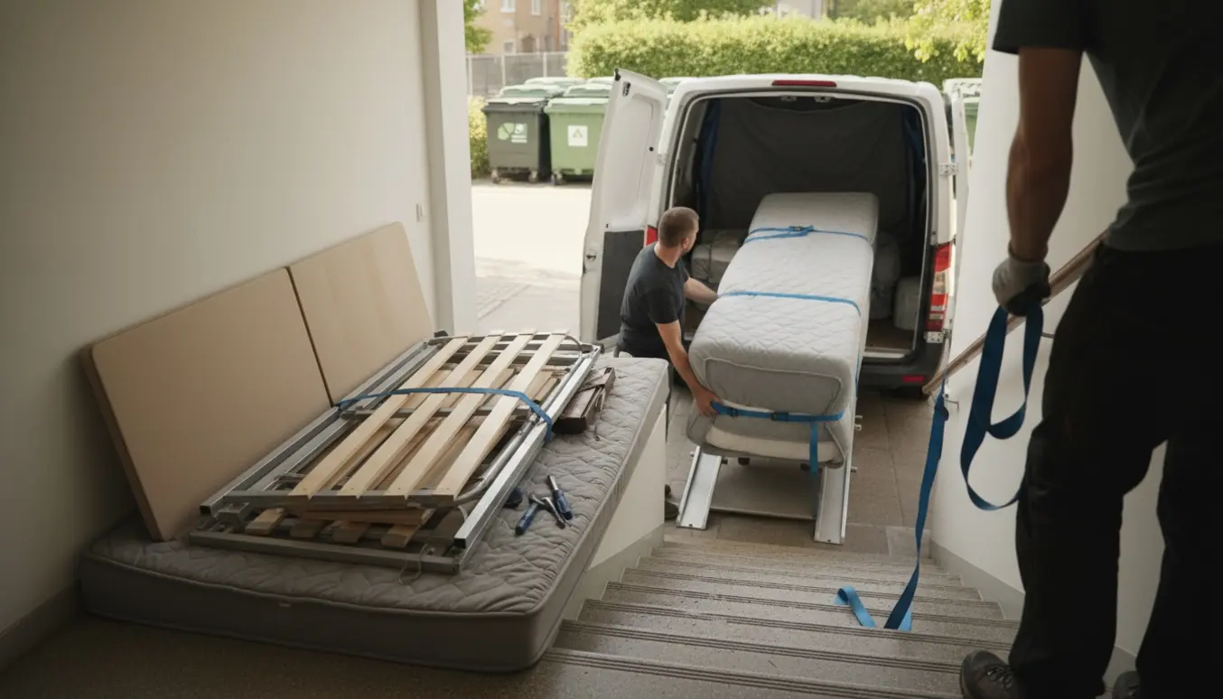 En adskilt enkeltseng og madras bæres ned ad en trappe og læsses i en varevogn med flyttestraps og værktøj.