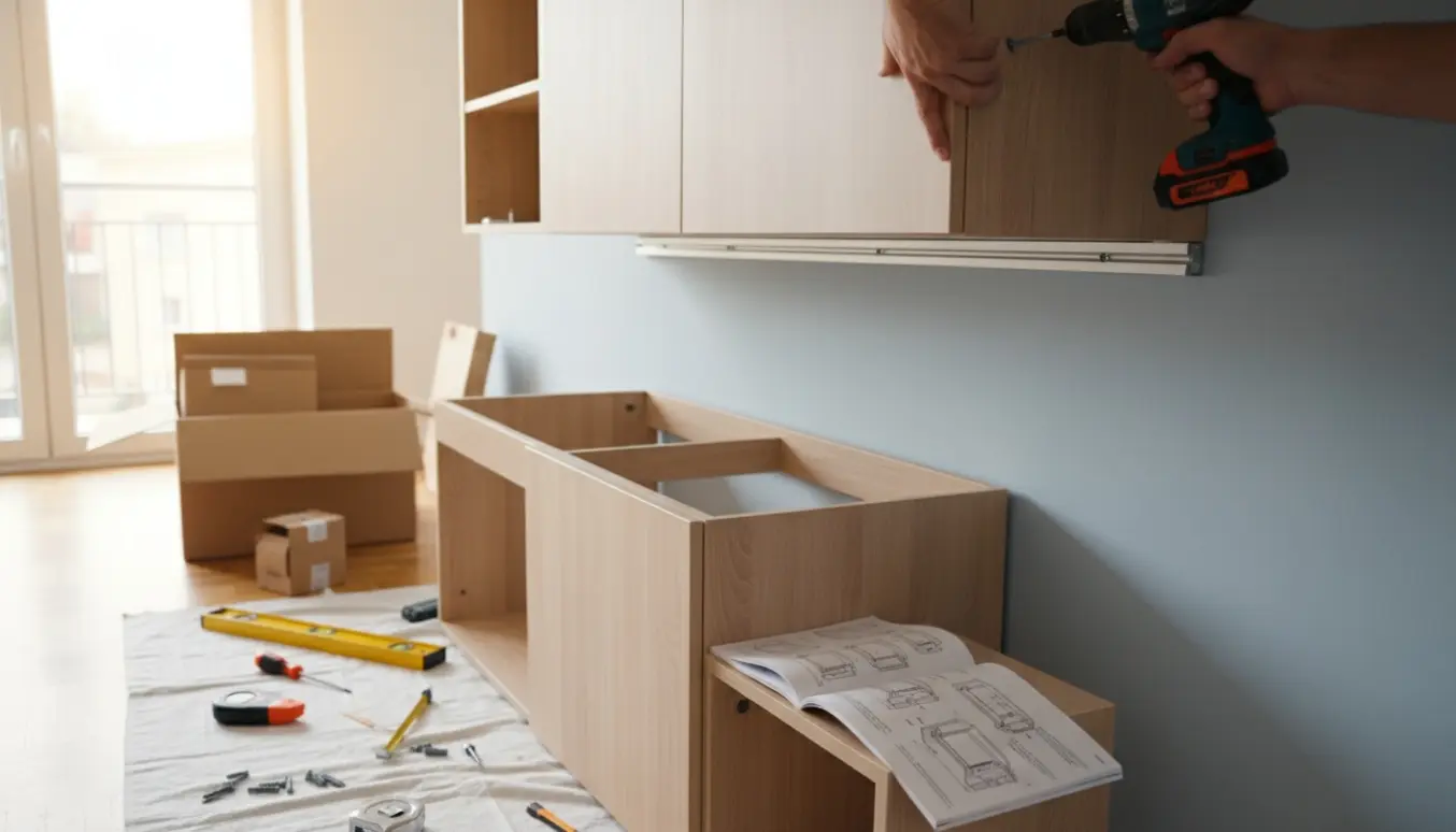 Hænder monterer et fladpakket skab på en væg i en lys stuelejlighed med boremaskine og vaterpas.