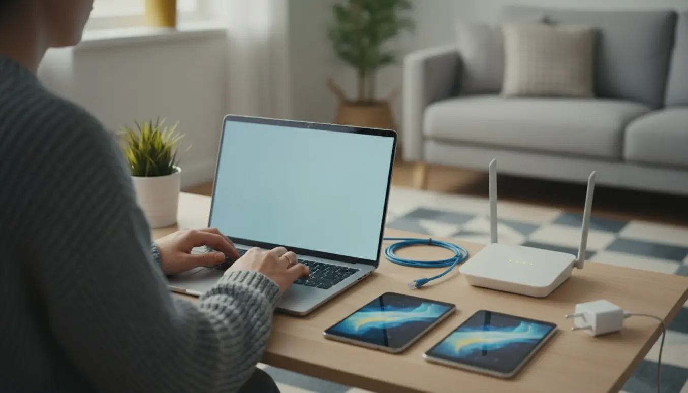 Person fejlsøger en ny trådløs router ved et bord med bærbar, telefon og tablet, hvor mobilen og tabletten virker, men computeren mangler internet.