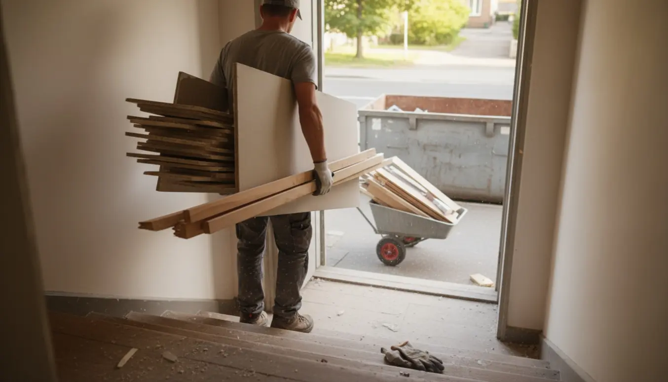 Oprydning efter renovering med gipsplader og trælister båret ned ad trappe mod en container på gaden.