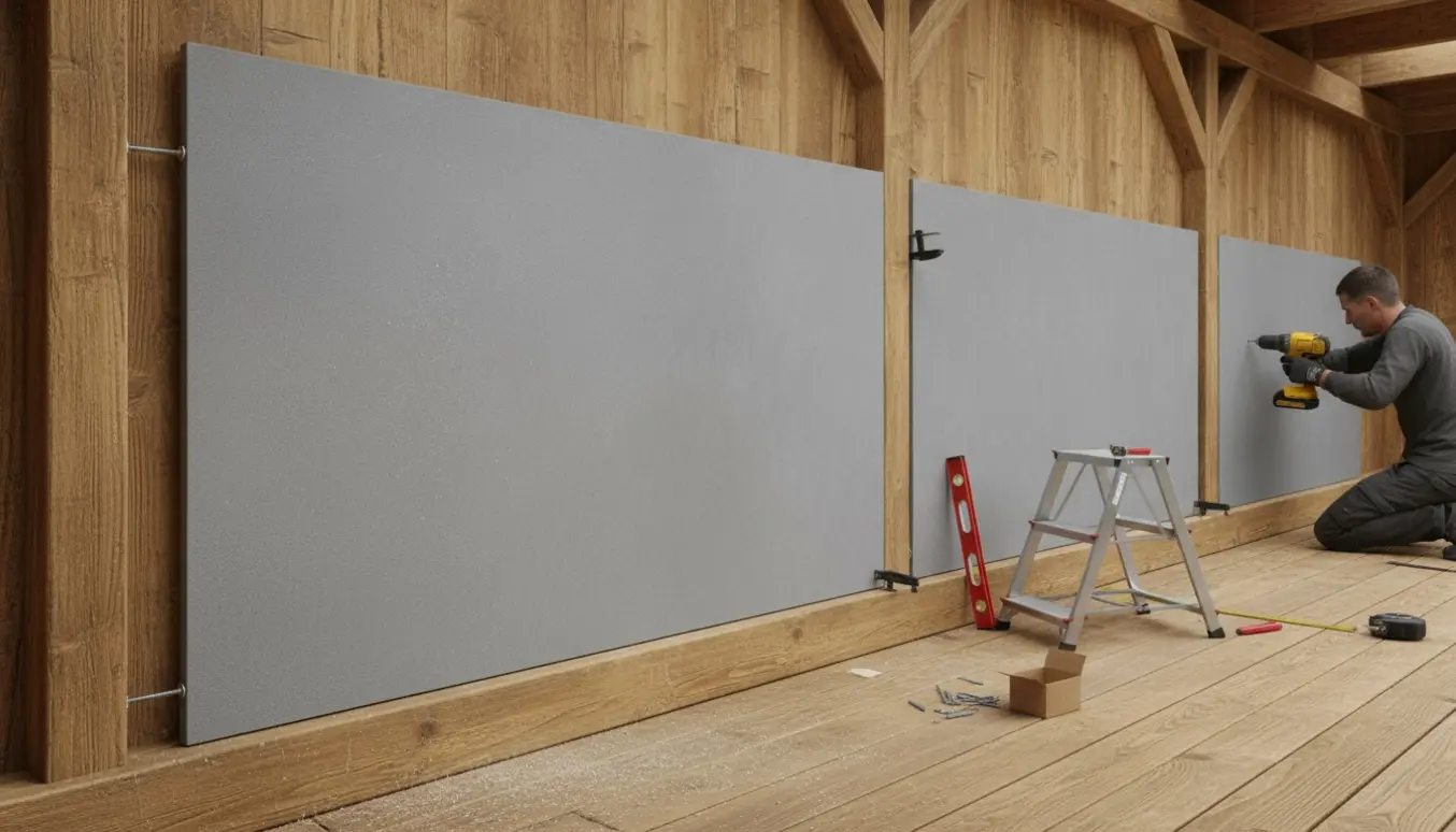 Hænder monterer fibercementplader langs de nederste 50 cm af en carportlangside med værktøj og materialer ved siden af.