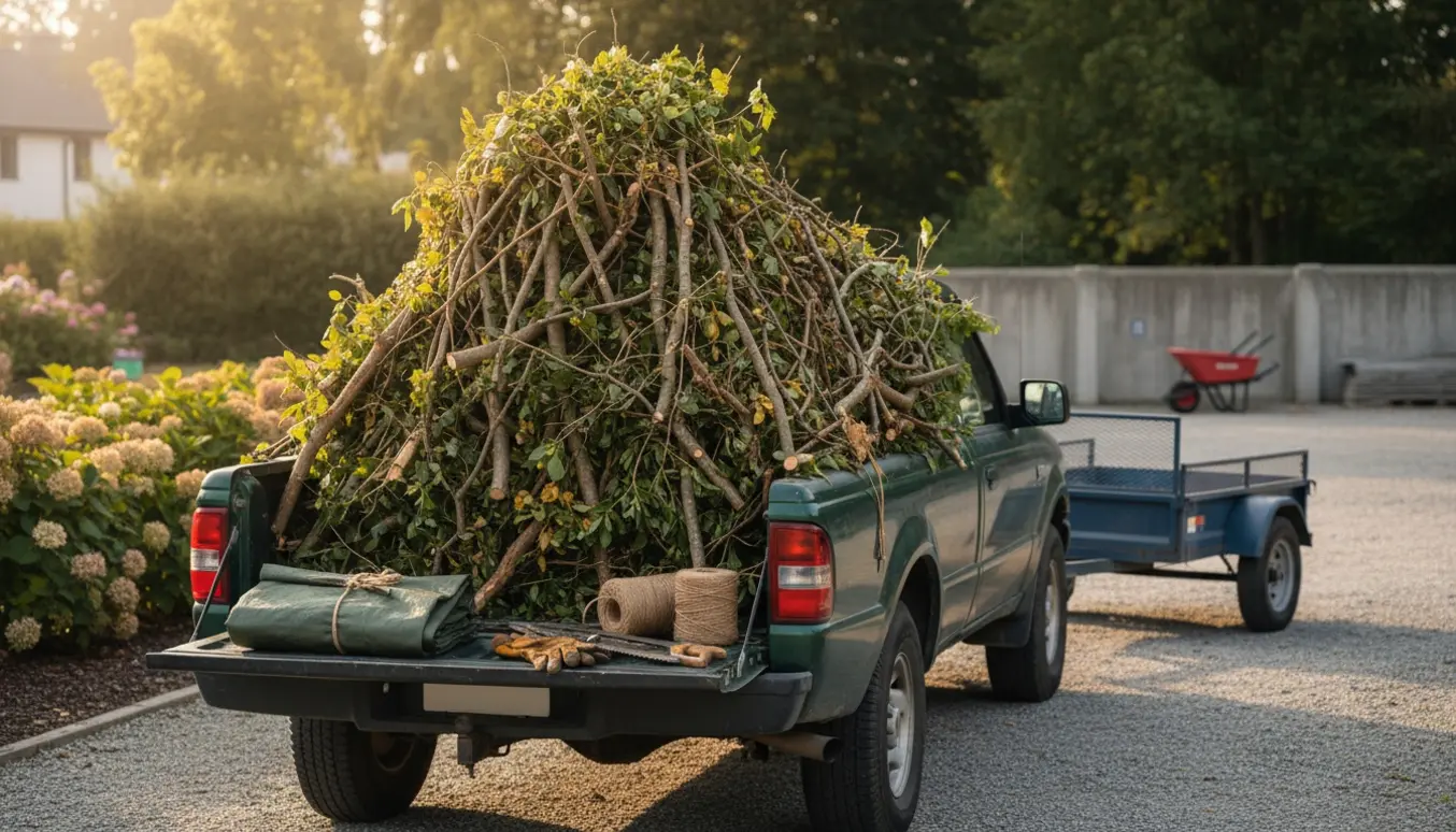 Bagenden af en pickup fyldt med nyslåede grene og haveaffald med beskærersav og arbejdshandsker på ladet.