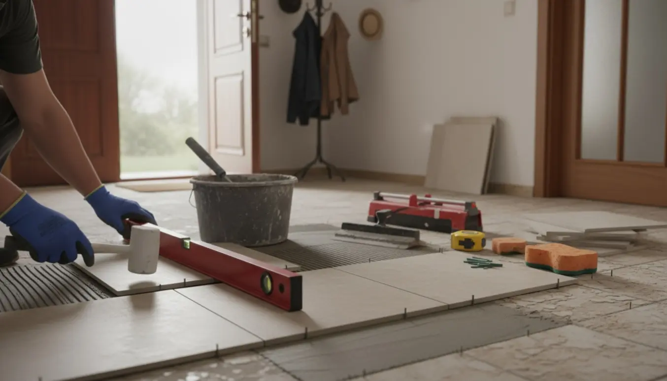 Entré under renovering med 60x60 fliser på selvnivelleret underlag og flisekutter ved siden af.