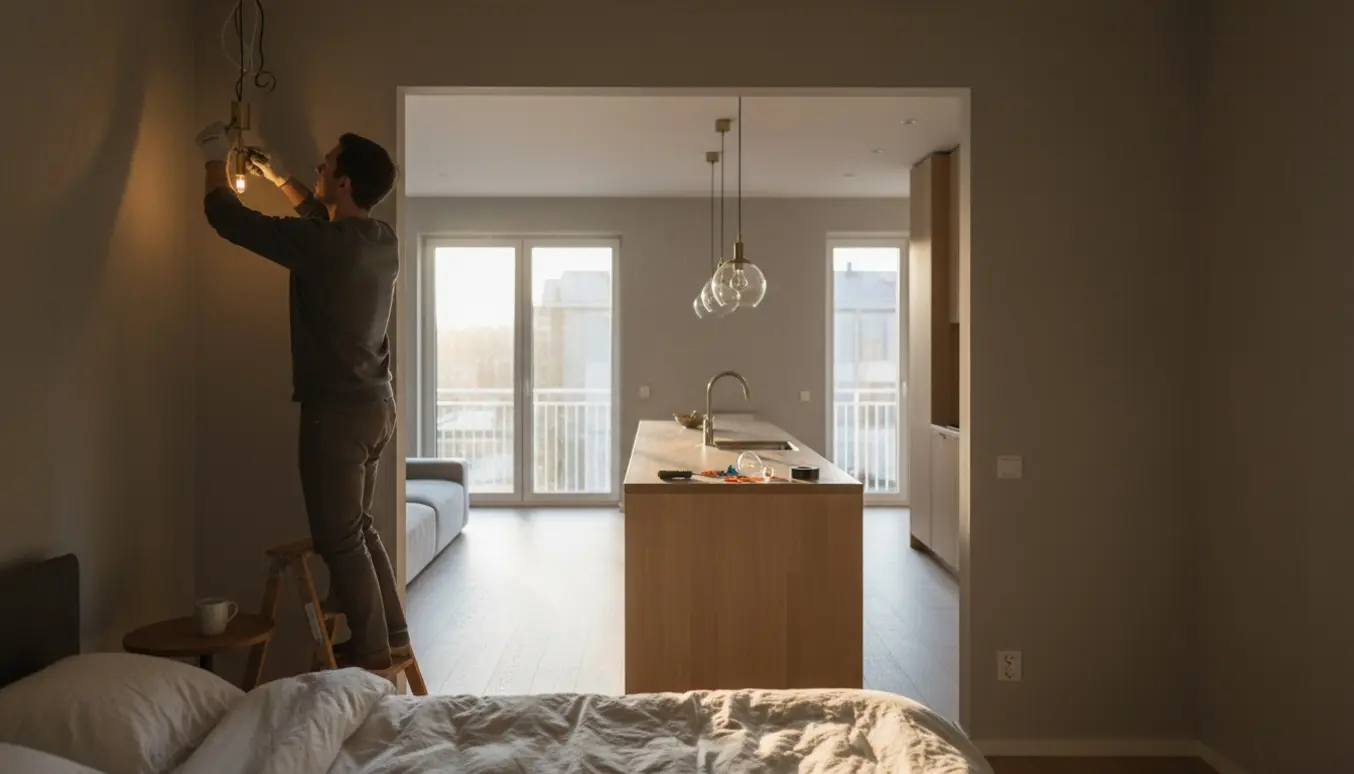 To lamper installeres i en lejlighed — en i soveværelset og en over køkkenøen, med værktøj og anonyme hænder.