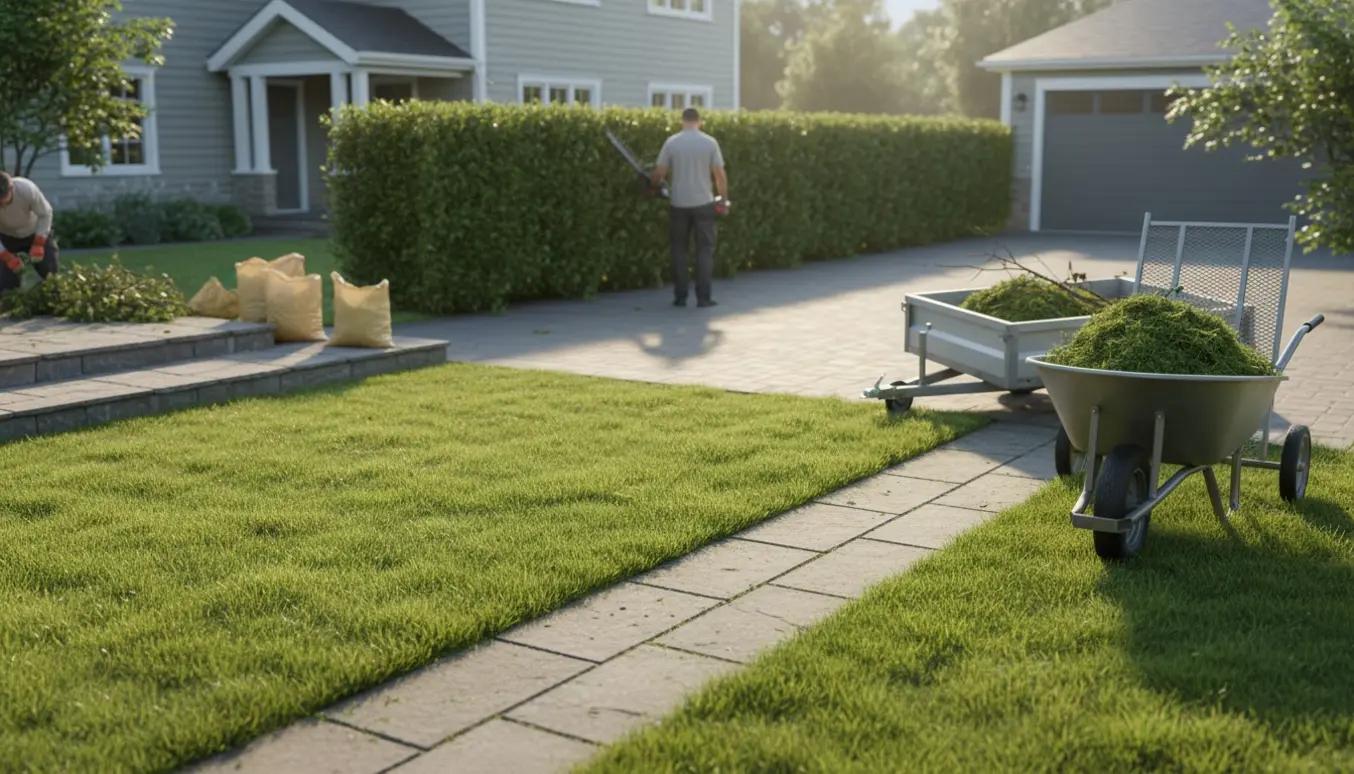 En havearbejder klipper hæk og slår højt græs i forhaven, mens afklip samles til afhentning.