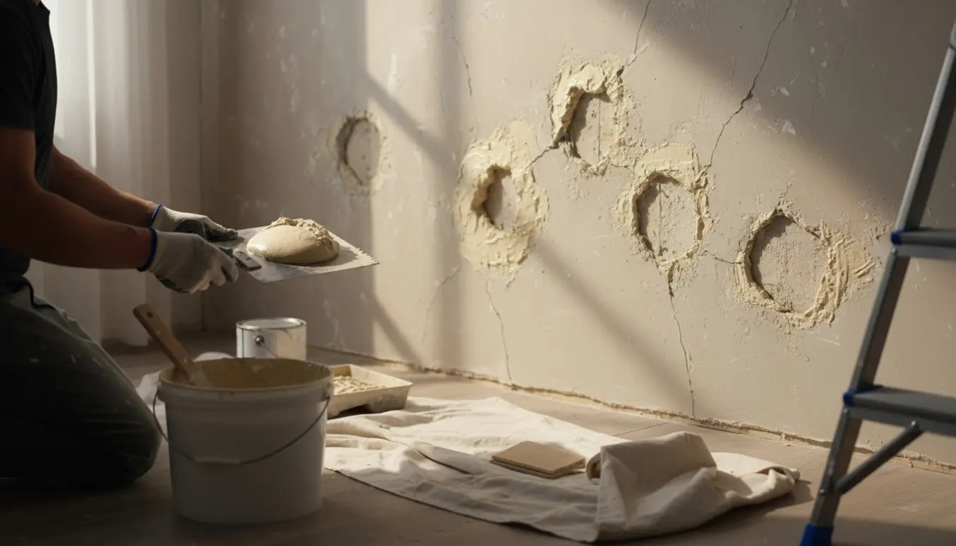 En murer fylder og glatter huller og riller i en indendørs væg med spartelmasse, værktøj og afdækningsstof i nærheden.