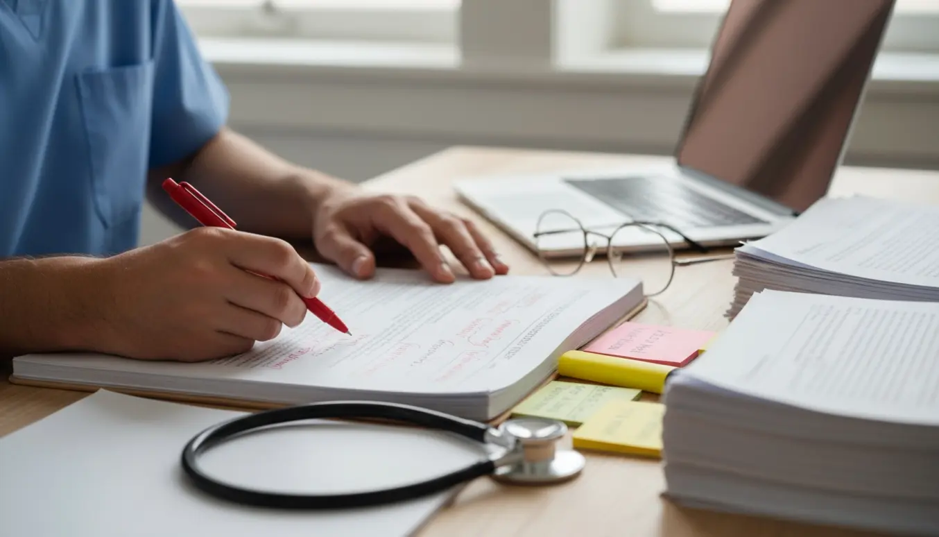Hænder i blå sygeplejerskeuniform retter en bacheloropgave med rød pen ved et oplyst skrivebord.