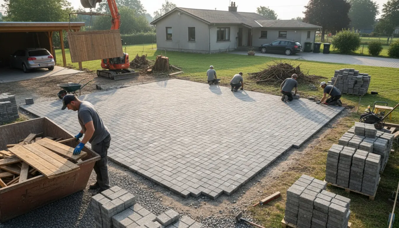 Arbejder anlægger parkeringsplads ved hus med stakke af genbrugte fliser, fjernet carport og træ.