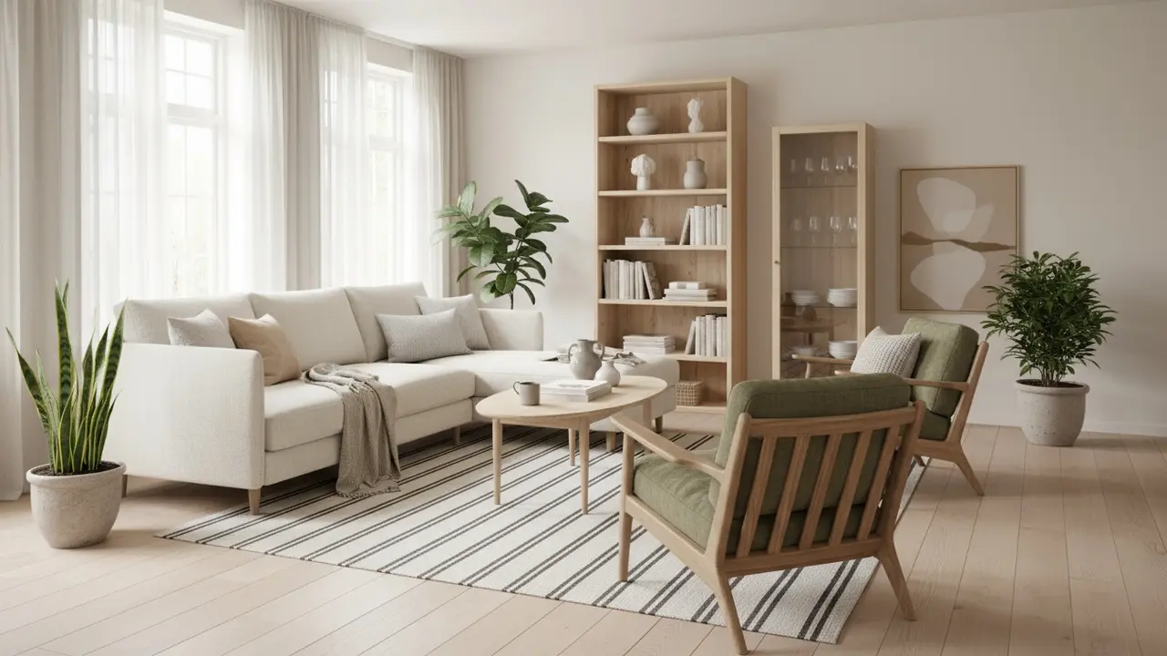 Moderne stue med sofa, lænestol, sofabord og reol i skandinavisk stil