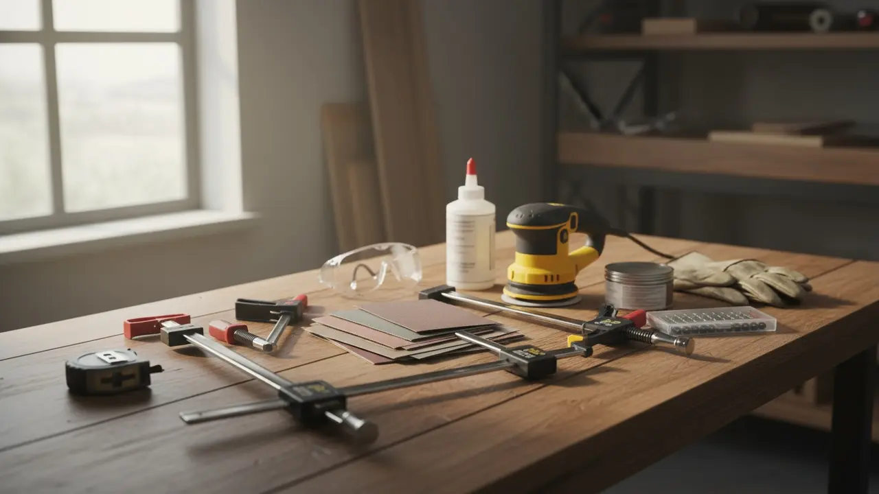 Arbejdsbord med sandpapir, slibemaskine, lim, klemmer og sikkerhedsudstyr
