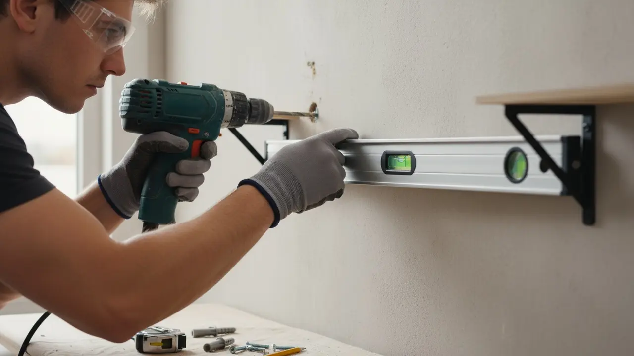 Montering af hylde på væg med boremaskine, rawlplugs og vaterpas