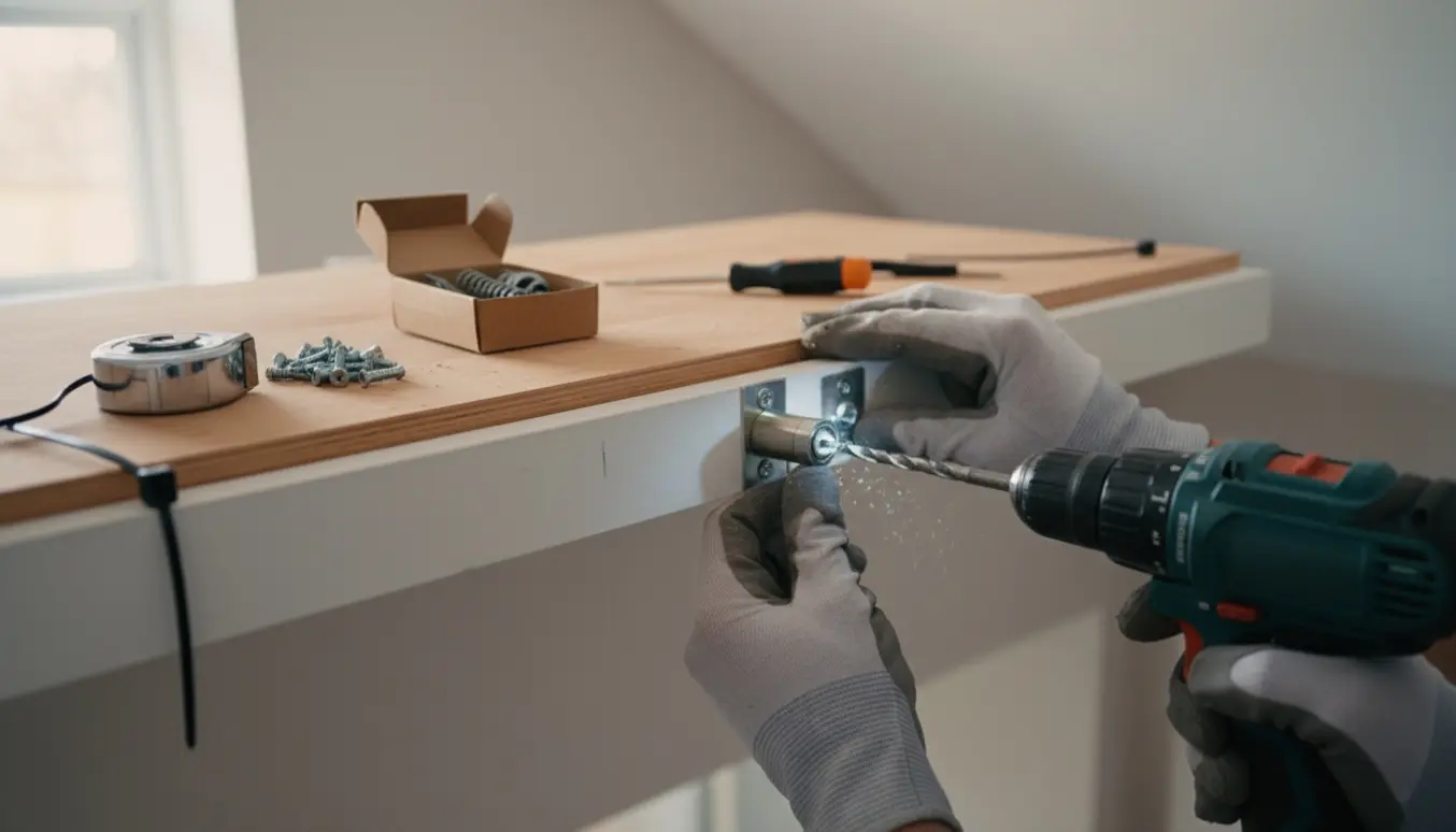 Nærbillede af hænder, der monterer en lås på en træ-loftslem med værktøj og en strips ved siden af.