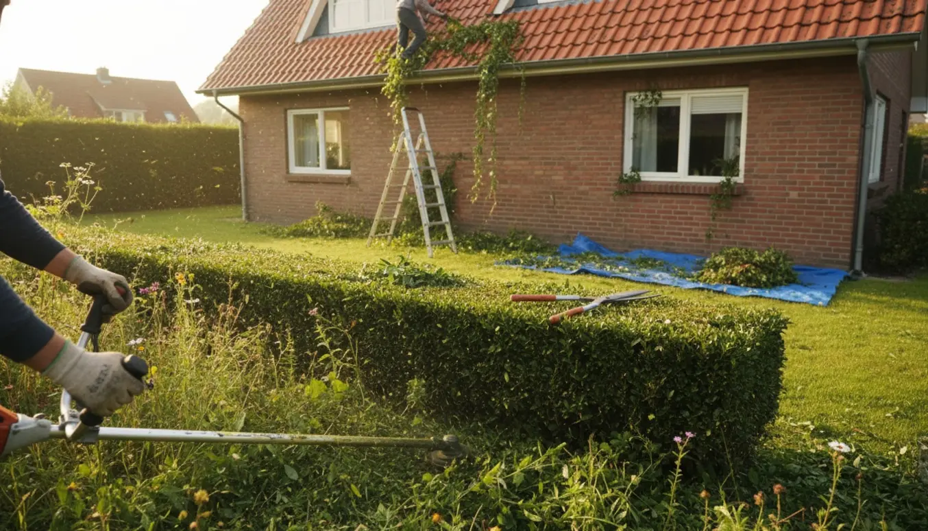 Havearbejde med buskrydder, hækkeklipning og fjernelse af efeu fra gavl og tag.