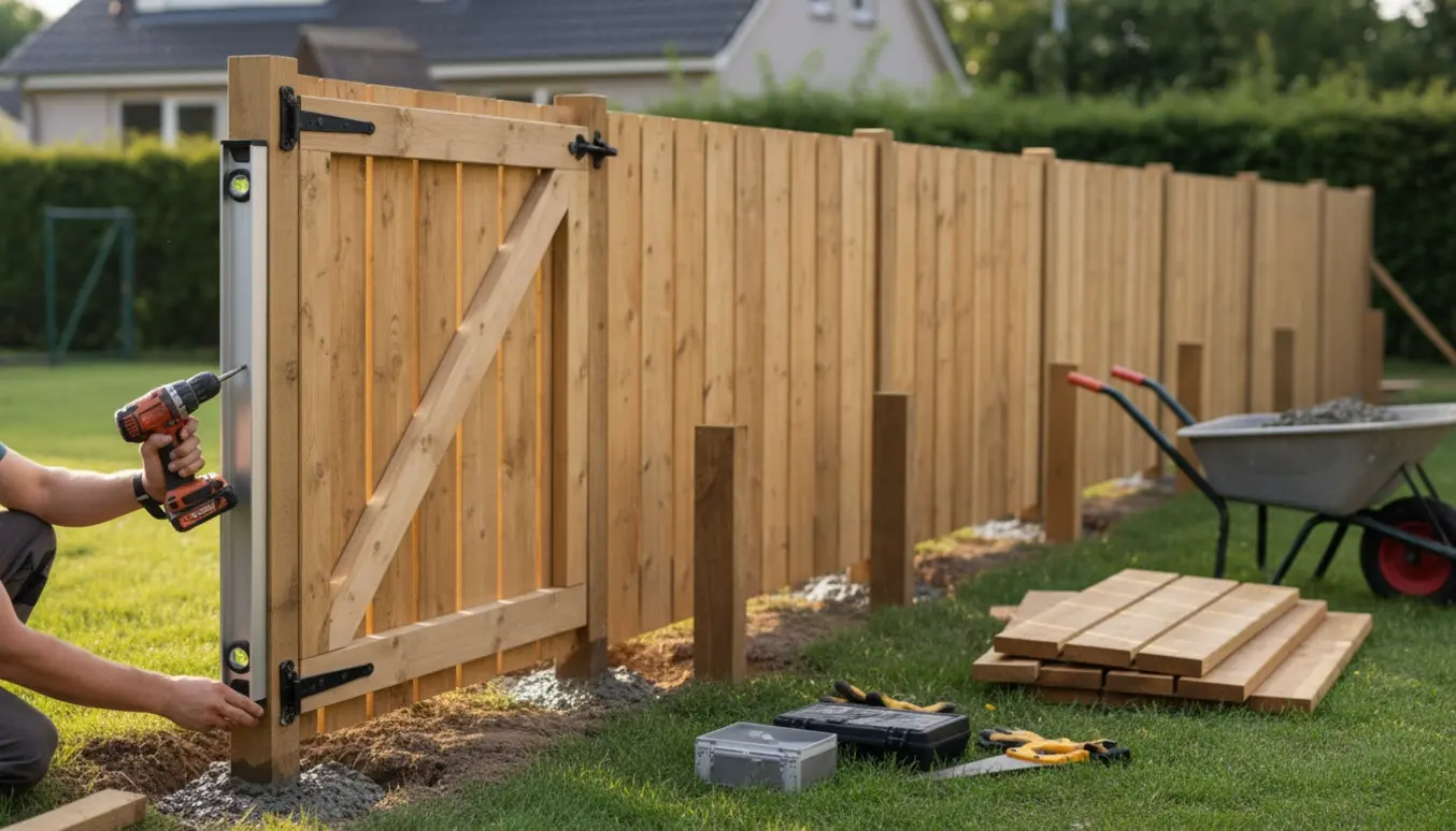 Nærbillede af opsætning af træraftehegn med delvis monteret havelåge, værktøj og frisk støbte stolper.
