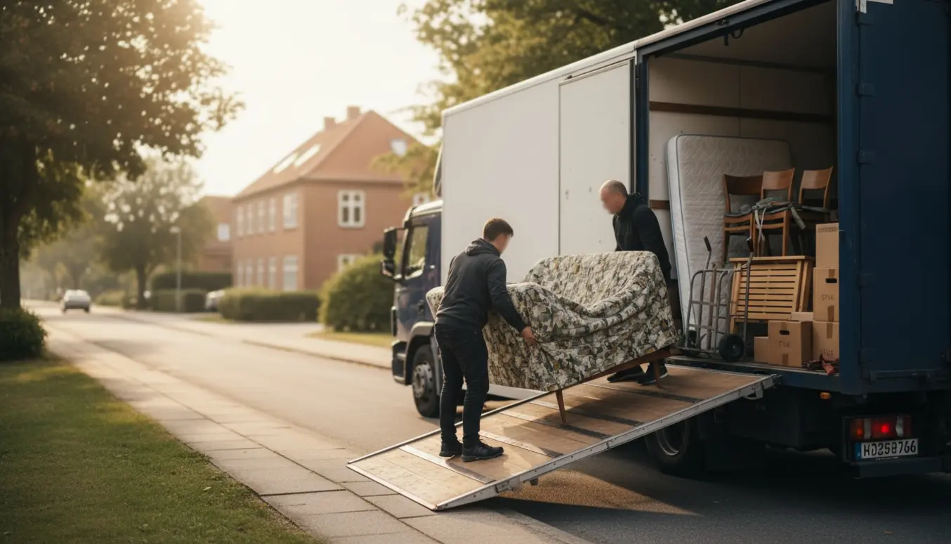 To mænd læsser sofa og møbler ind i en stor, ubrandet flyttebil på en stille forstadsgade.